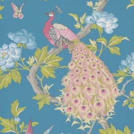 Papier peint anglais animal Pavona - Little Greene | Bleu Tortue